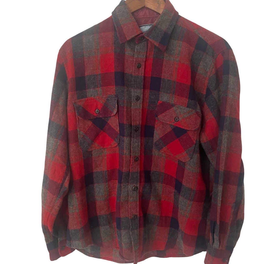 Fieldmaster Mens Vintage Wool Blend Flannel Plaid Shirt Red Blue Medium